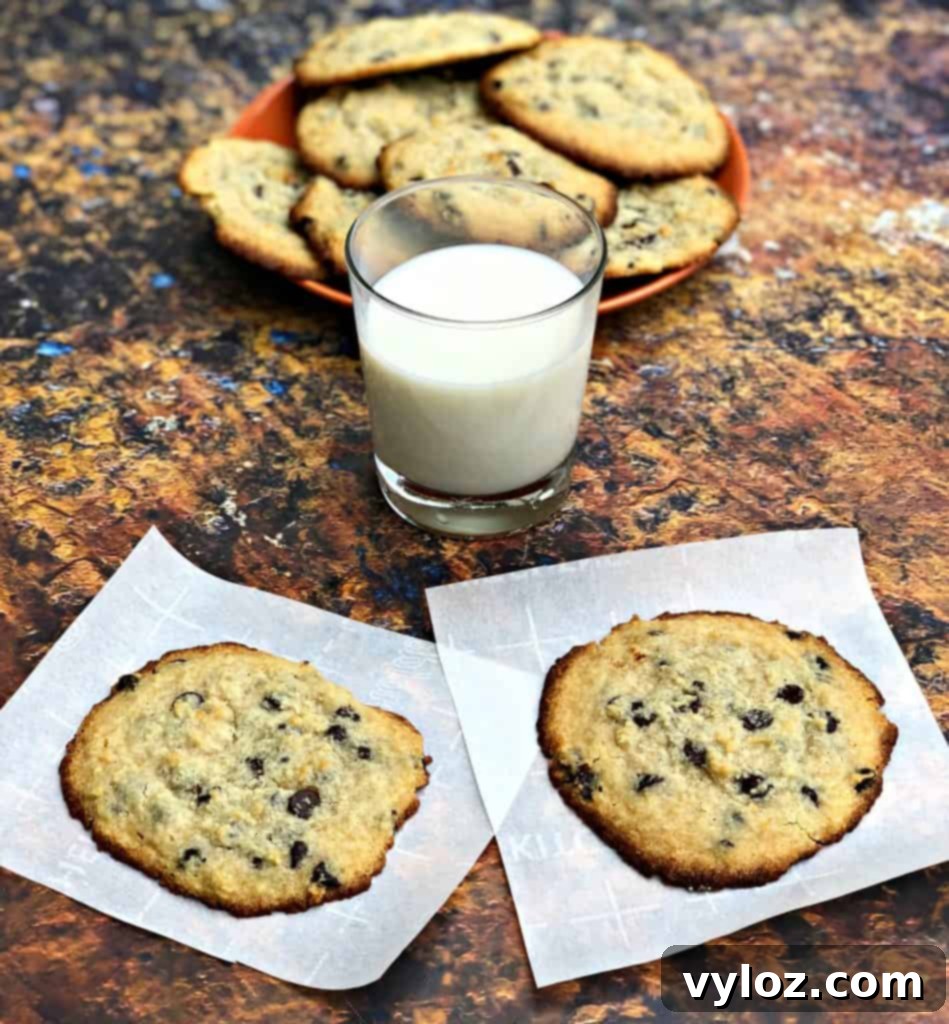 keto chocolate chip cookies on a plate with a glass of milk