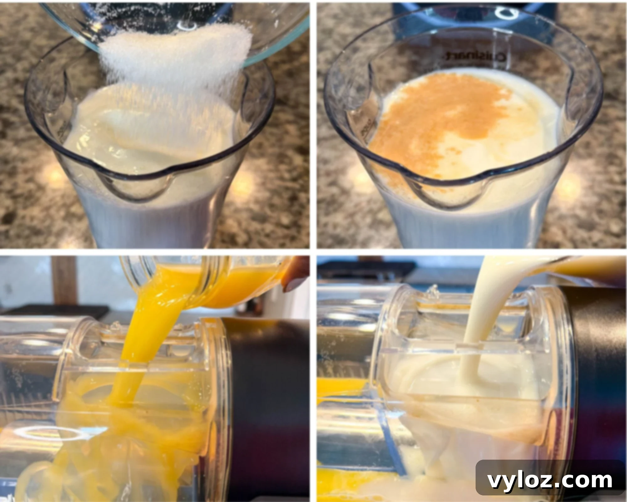 Preparing the Orange Julius mixture: pouring sugar, adding vanilla and orange, pouring orange juice, pouring milk mixture into the Ninja Slushi