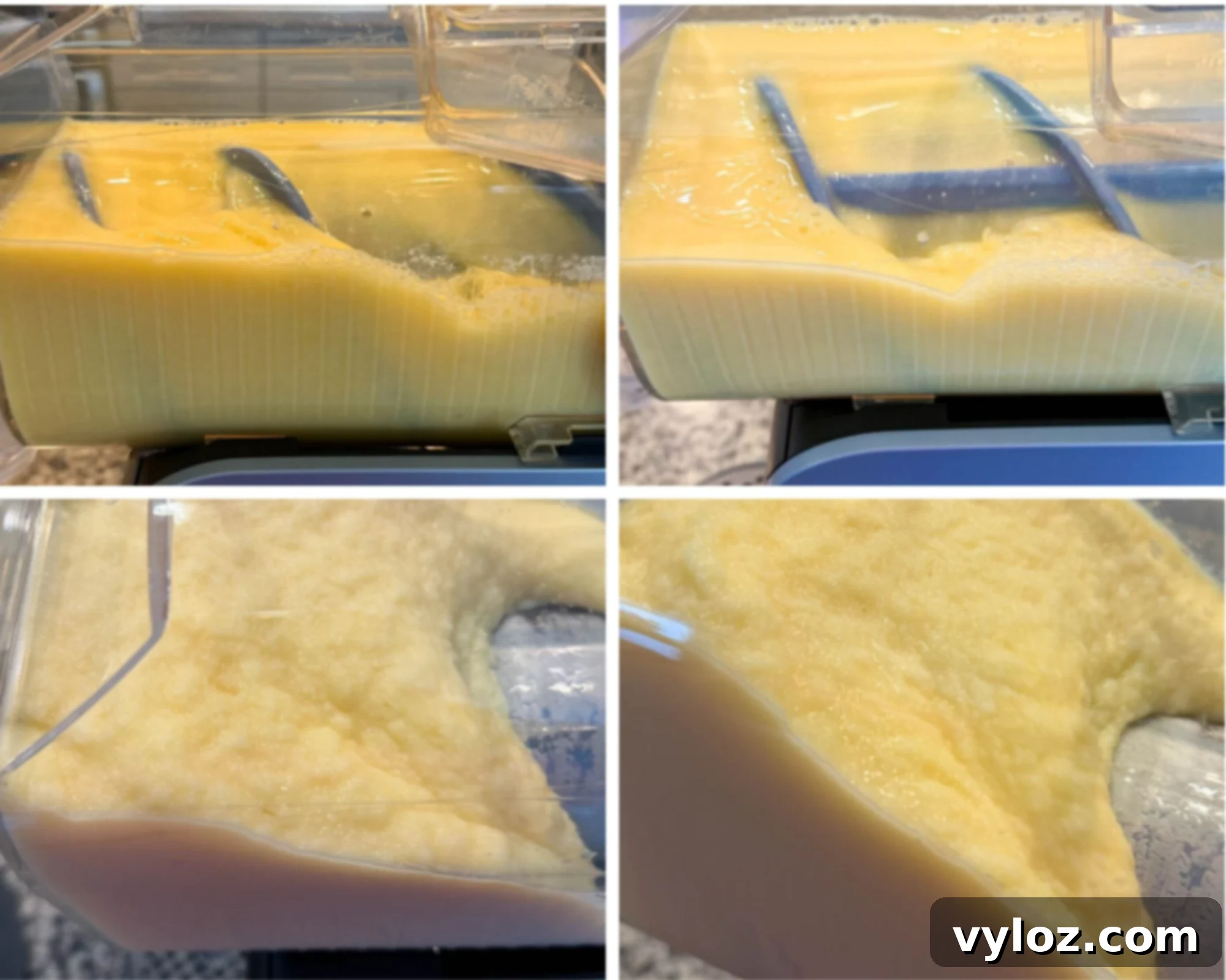 Orange Julius mixture freezing in the Ninja Slushi: chilling, forming icy layers, thickening into a slushy texture, becoming fully frozen