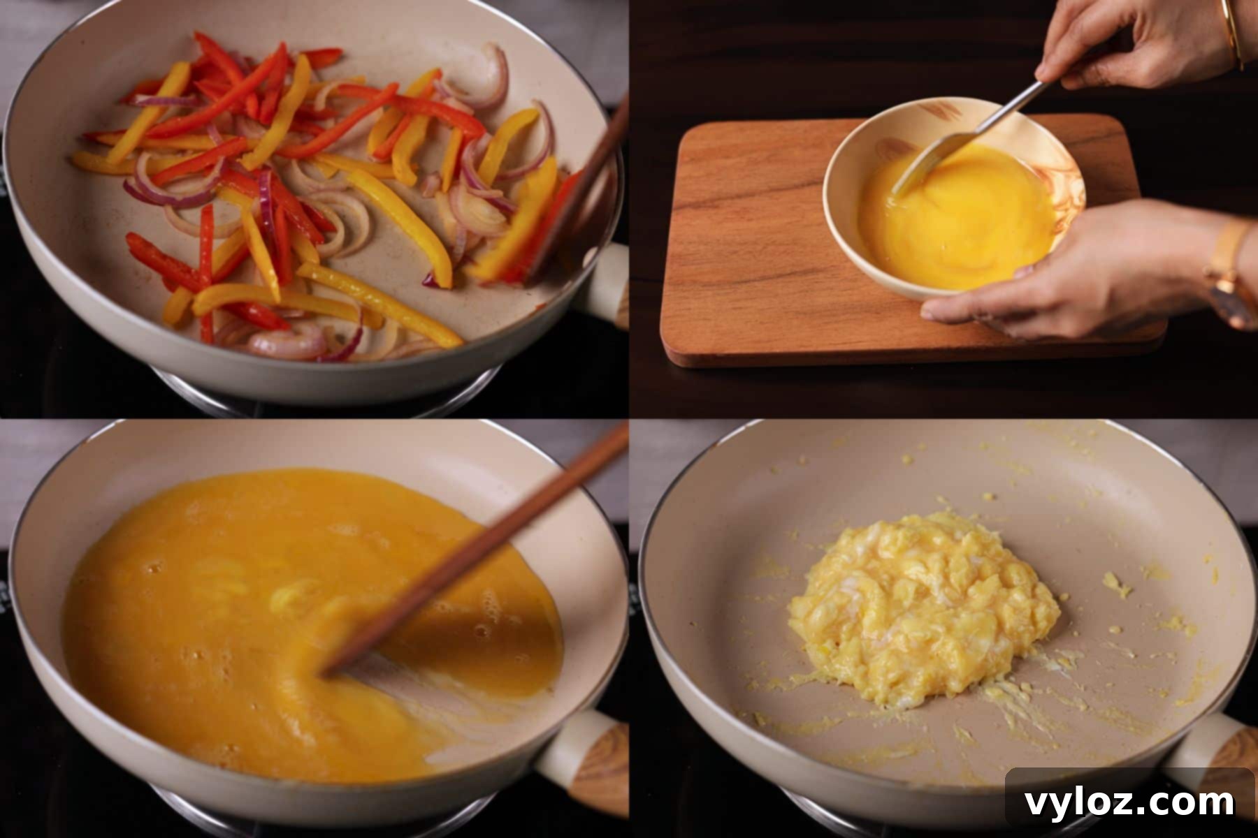 Speedy Pepper & Egg Sandwich: Ready in a Flash! 4 Pepper and Egg Sandwich step-by-step: sauté peppers and onions, beat eggs, cook eggs in nonstick pan.