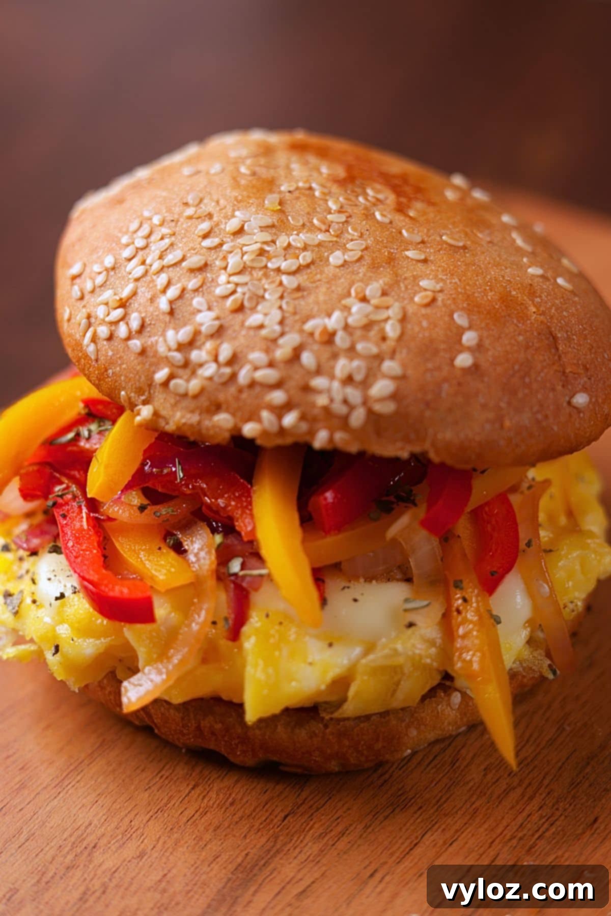 Speedy Pepper & Egg Sandwich: Ready in a Flash! 6 Served Pepper and Egg Sandwich with soft scrambled eggs, melty cheese, and sautéed peppers and onions on a lightly butter-toasted bun.
